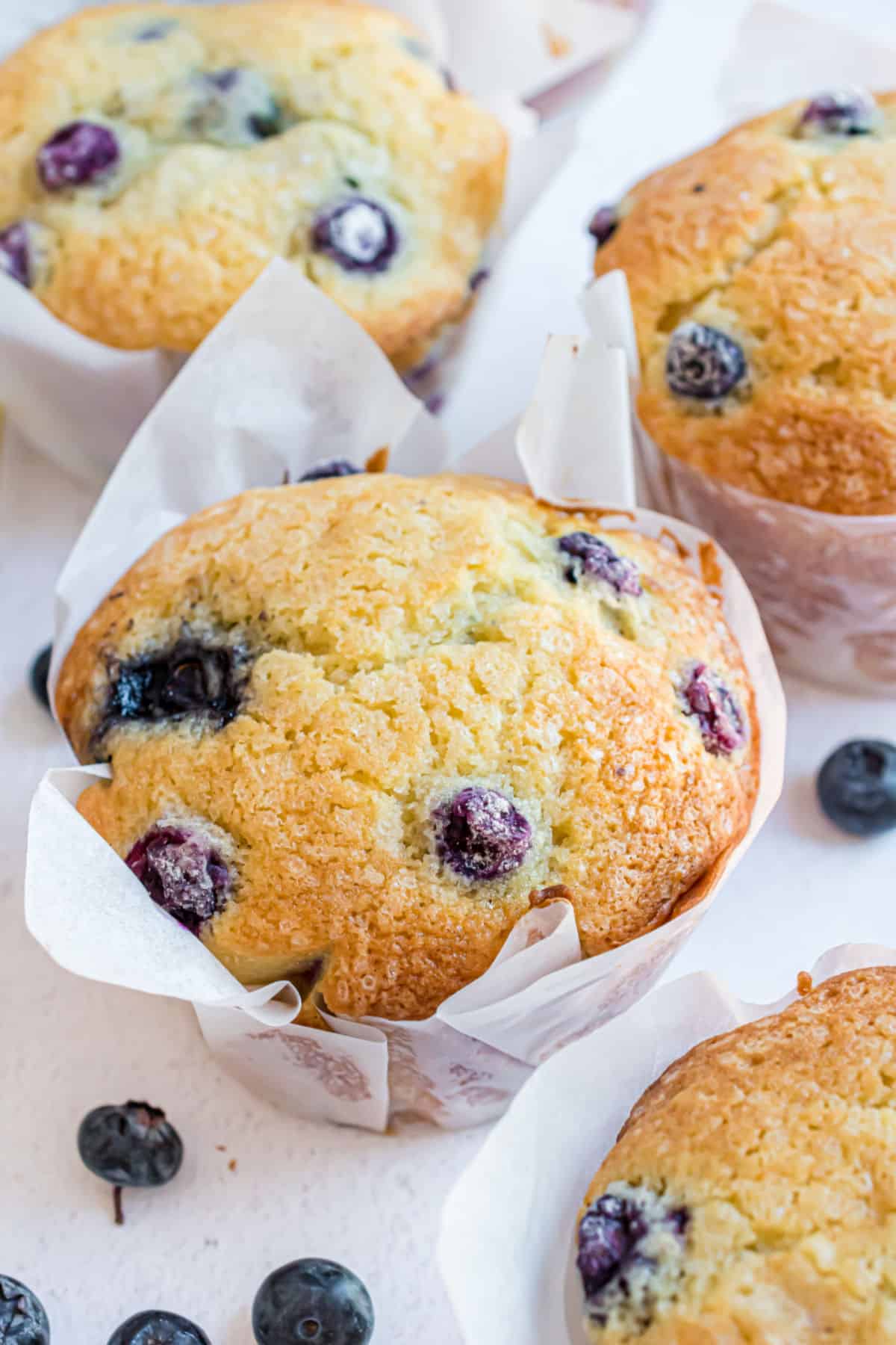 Blueberry muffins baked in parchment paper liners.