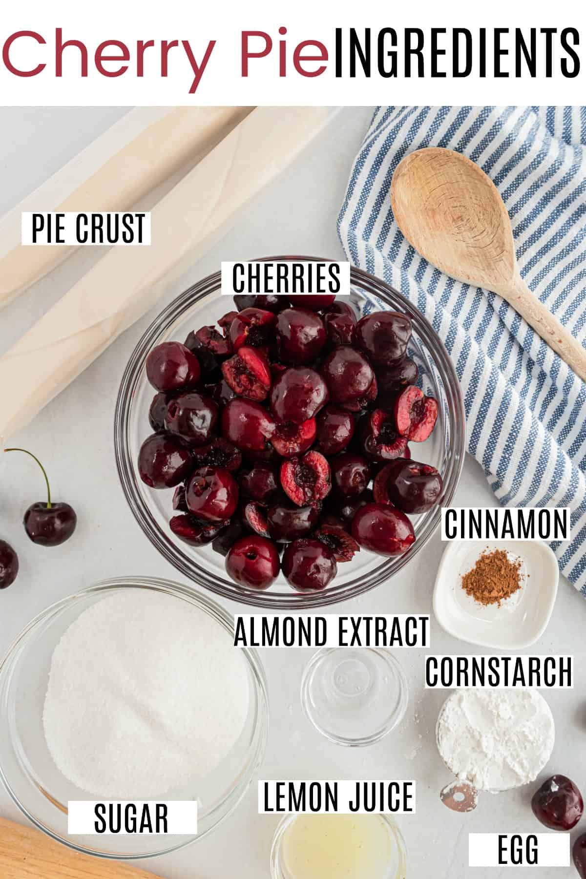 Cherry pie ingredients including pie crust, fresh cherries, and sugar.