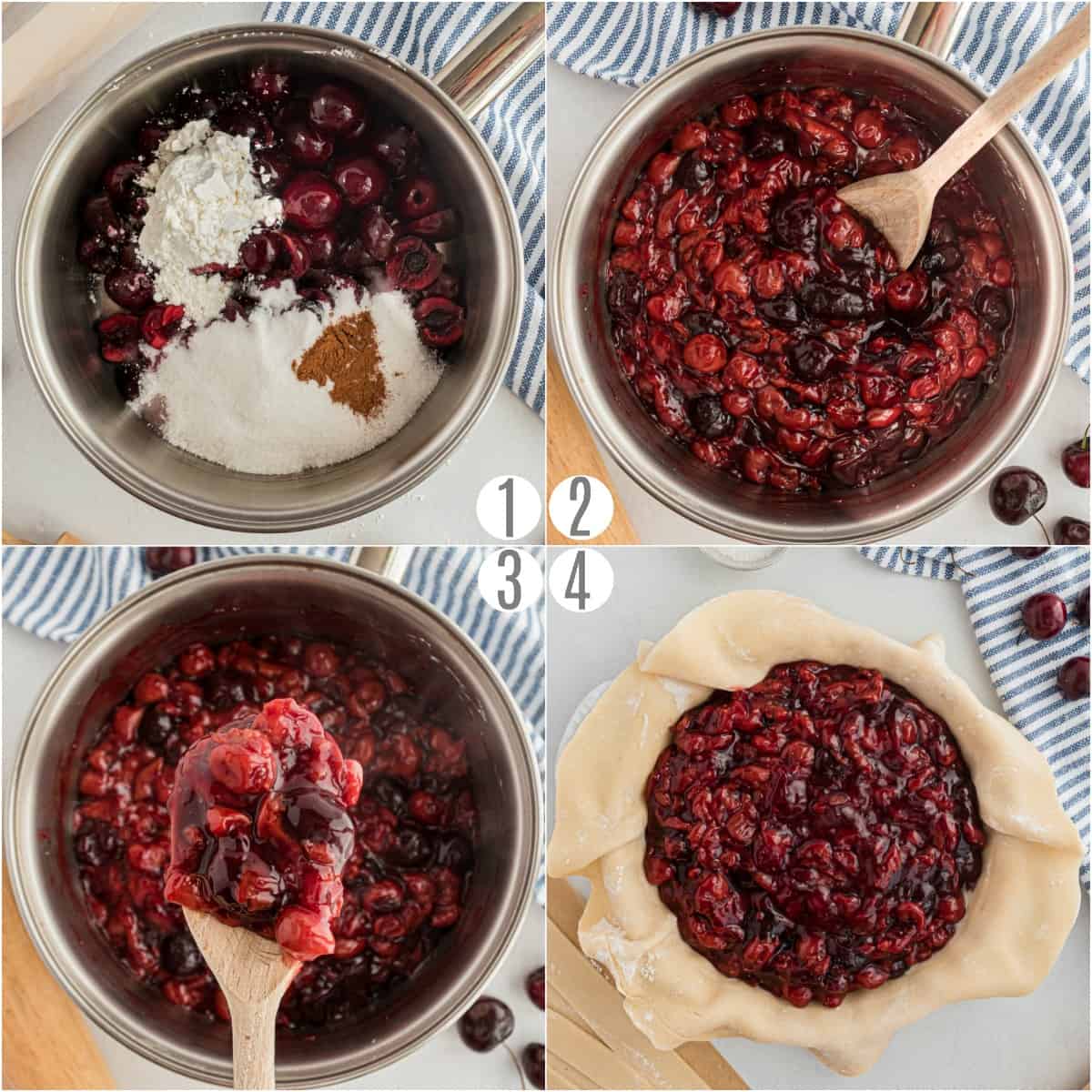 Step by step photos showing how to make cherry pie filling.