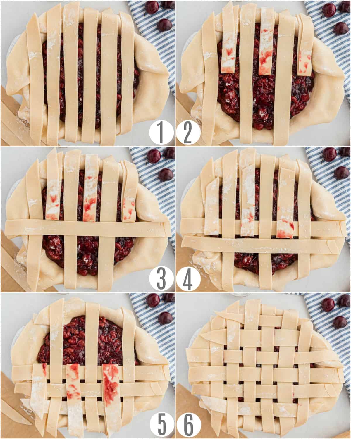 Step by step photos showing how to make a lattice pie crust.