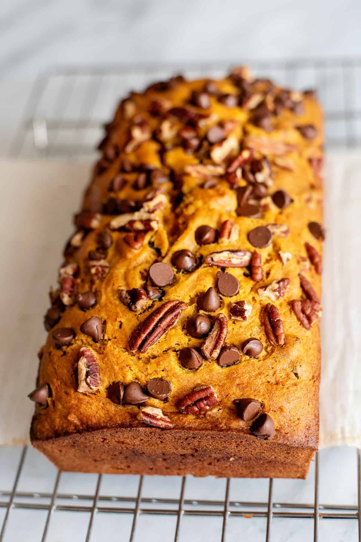Loaf of pumpkin bread topped with chocolate chips and pecans.