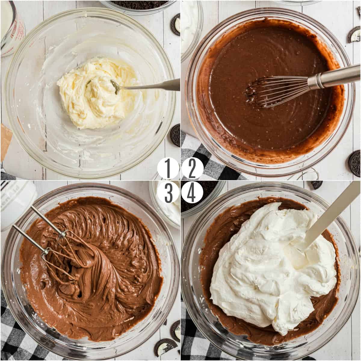 Step by step photos showing how to make dirt pudding cake.