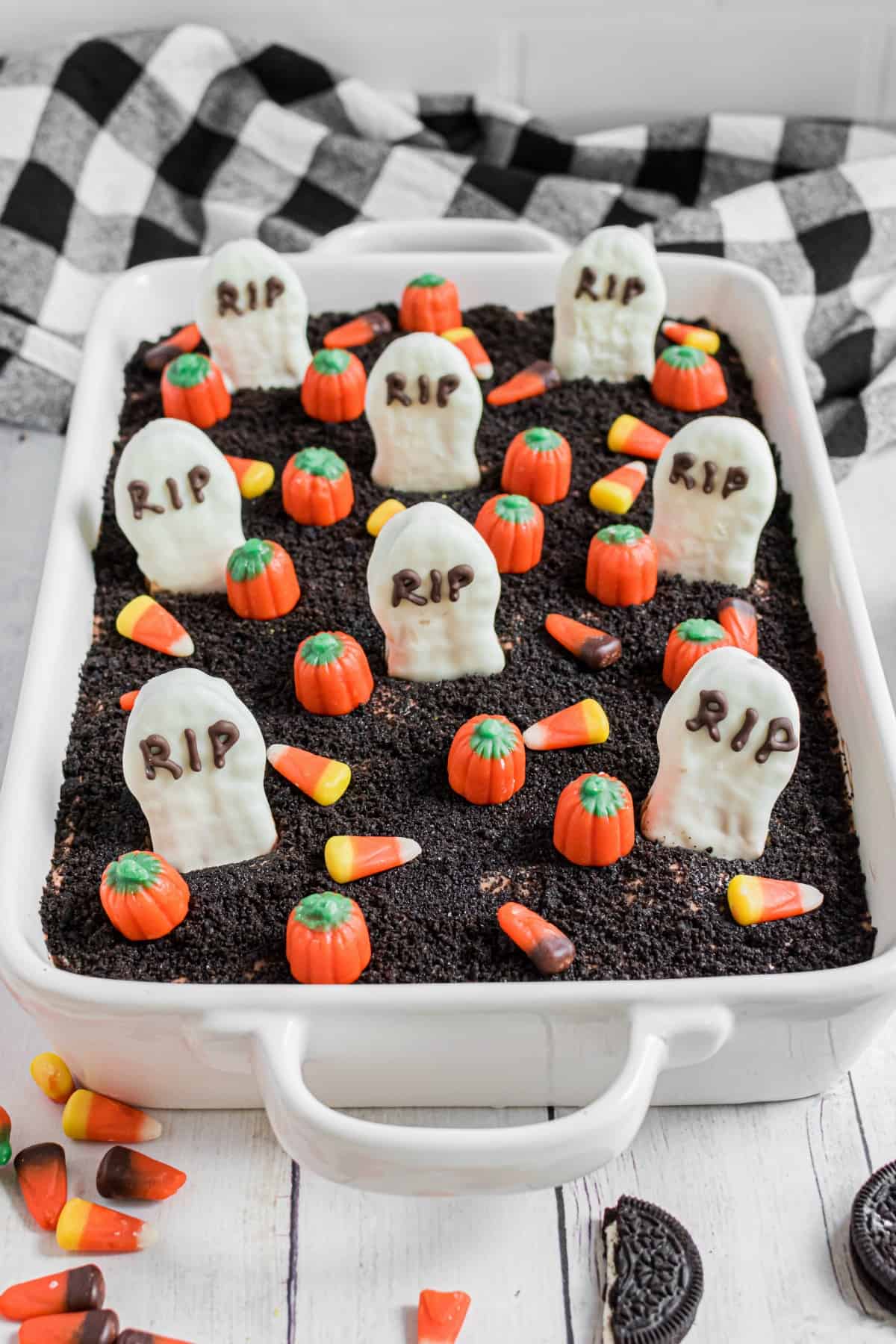 13x9 baking dish with graveyard dirt pudding cake.