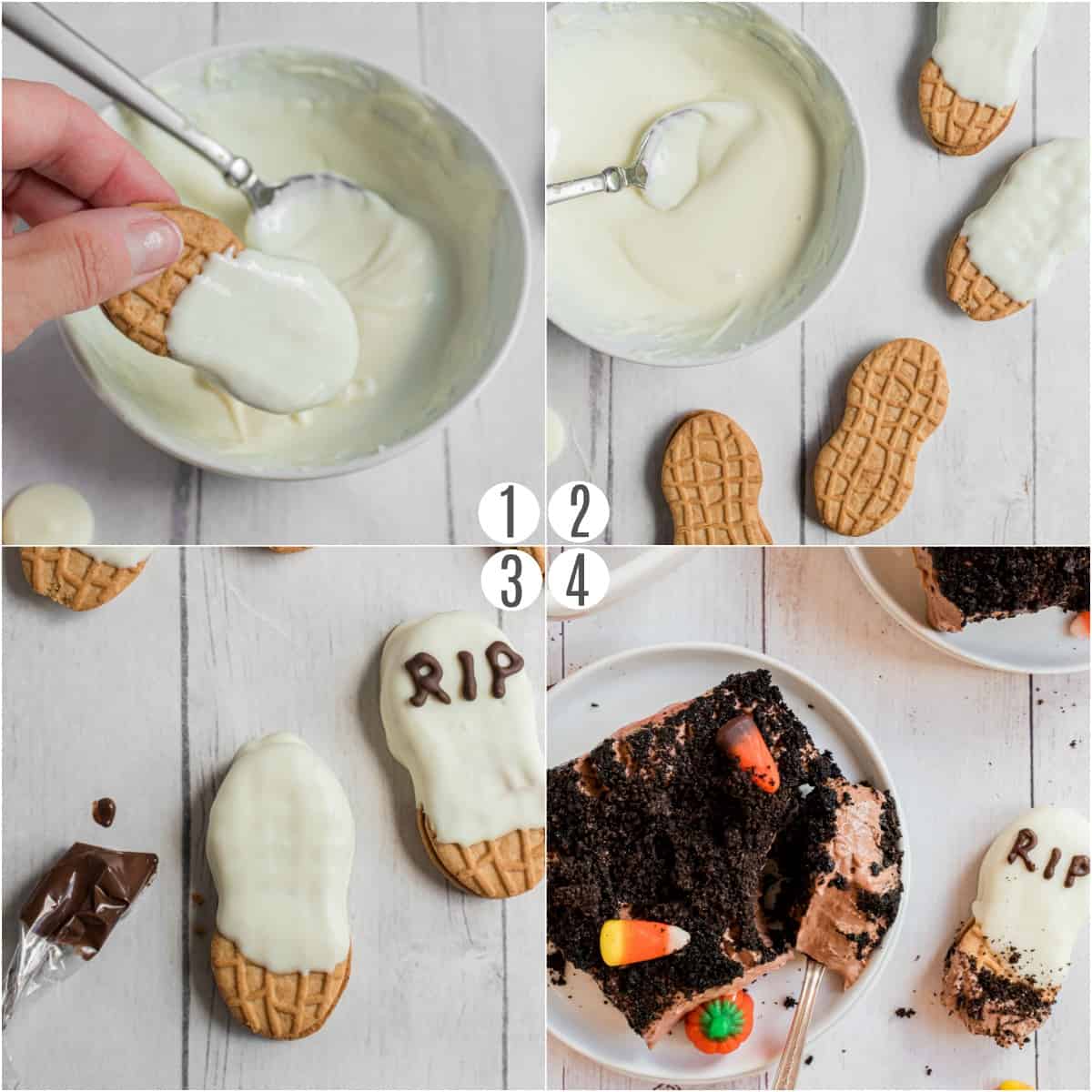 Step by step photos showing how to make tombstones with nutter butter cookies for dirt dessert.