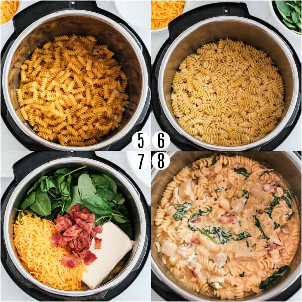 Step by step photos showing how to finish making crack chicken pasta in Instant Pot.