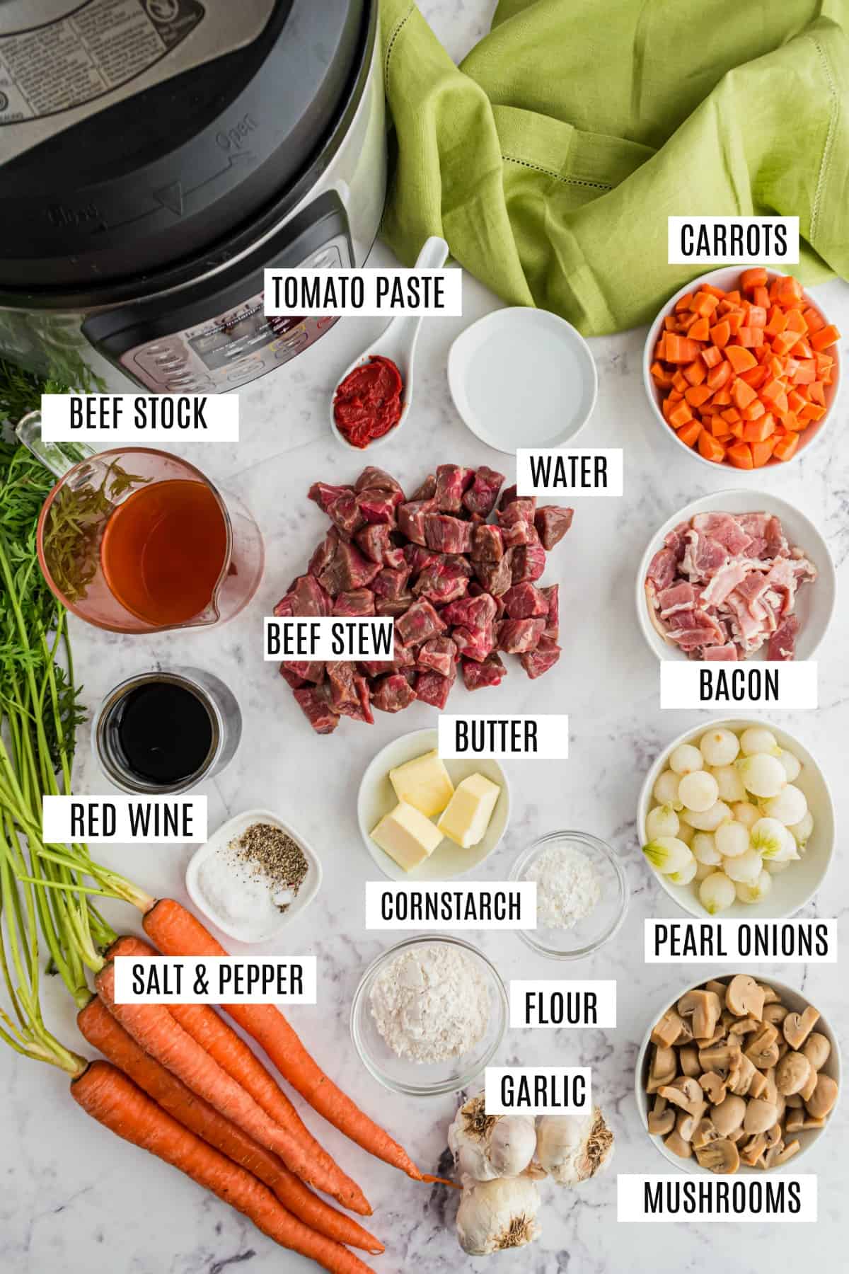 Ingredients needed to make instant pot beef bourguignon.