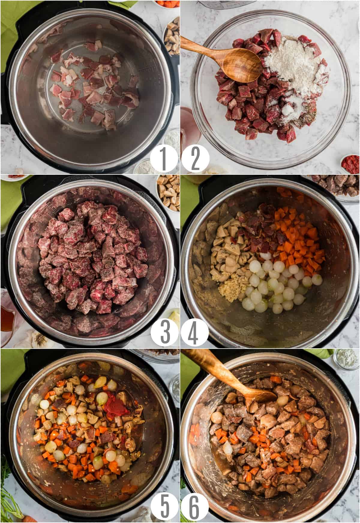 Step by step instructions showing how to make instant pot beef bourguignon.