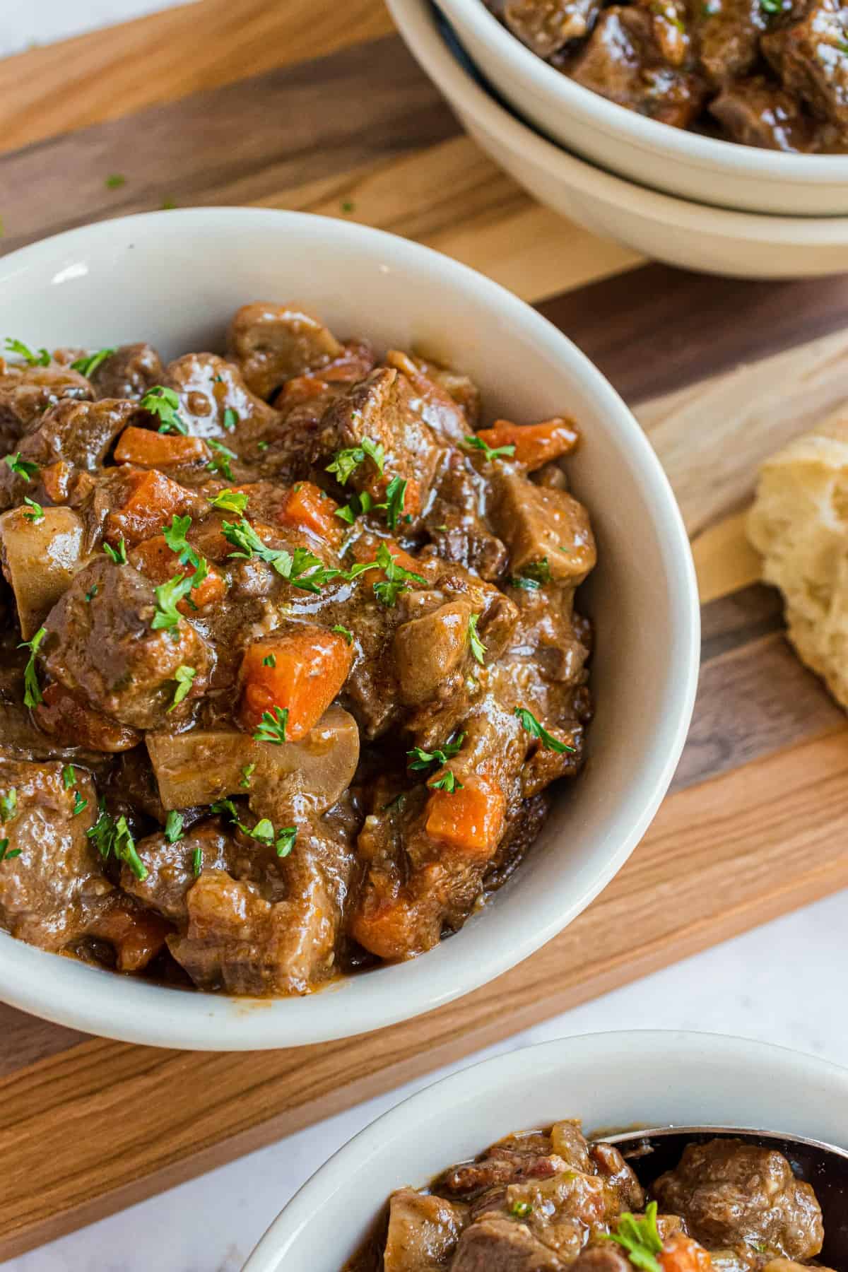 Beef stew in dinner bowls.