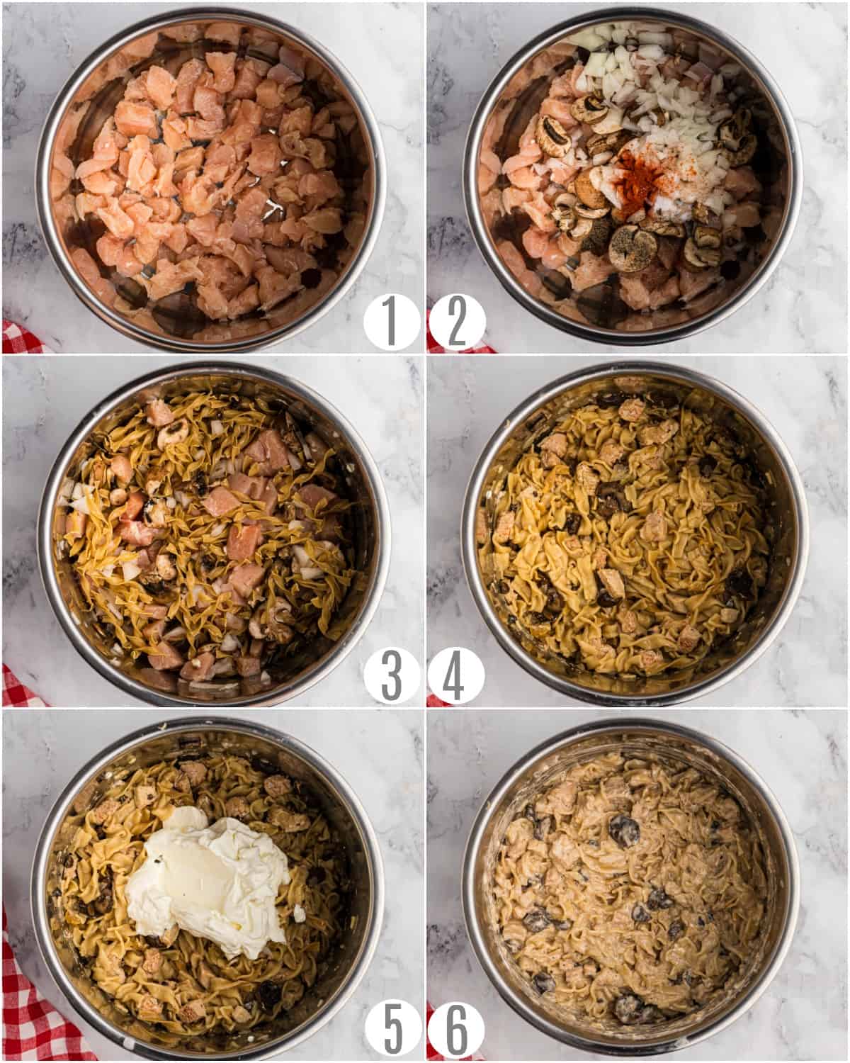 Step by step photos showing how to make chicken stroganoff in the Instant Pot.