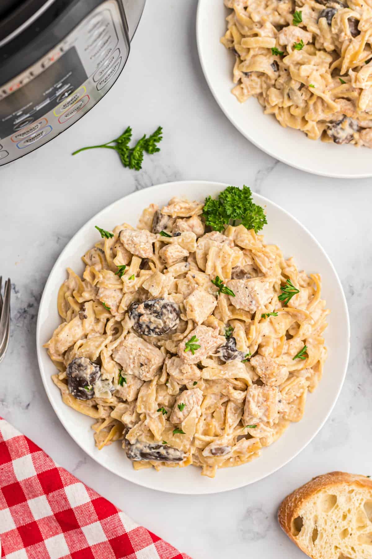 Dinner plate with chicken stroganoff and fresh parsley.