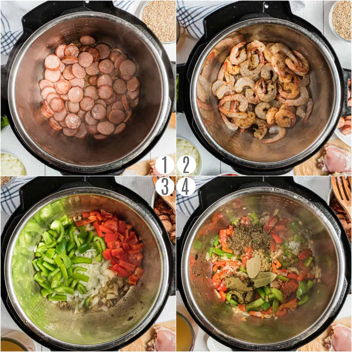 Step by step photos showing how to make jambalaya in the pressure cooker.