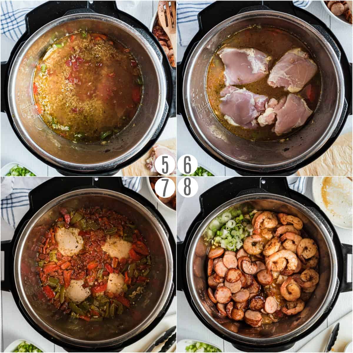 Step by step photos showing how to pressure cook jambalaya.