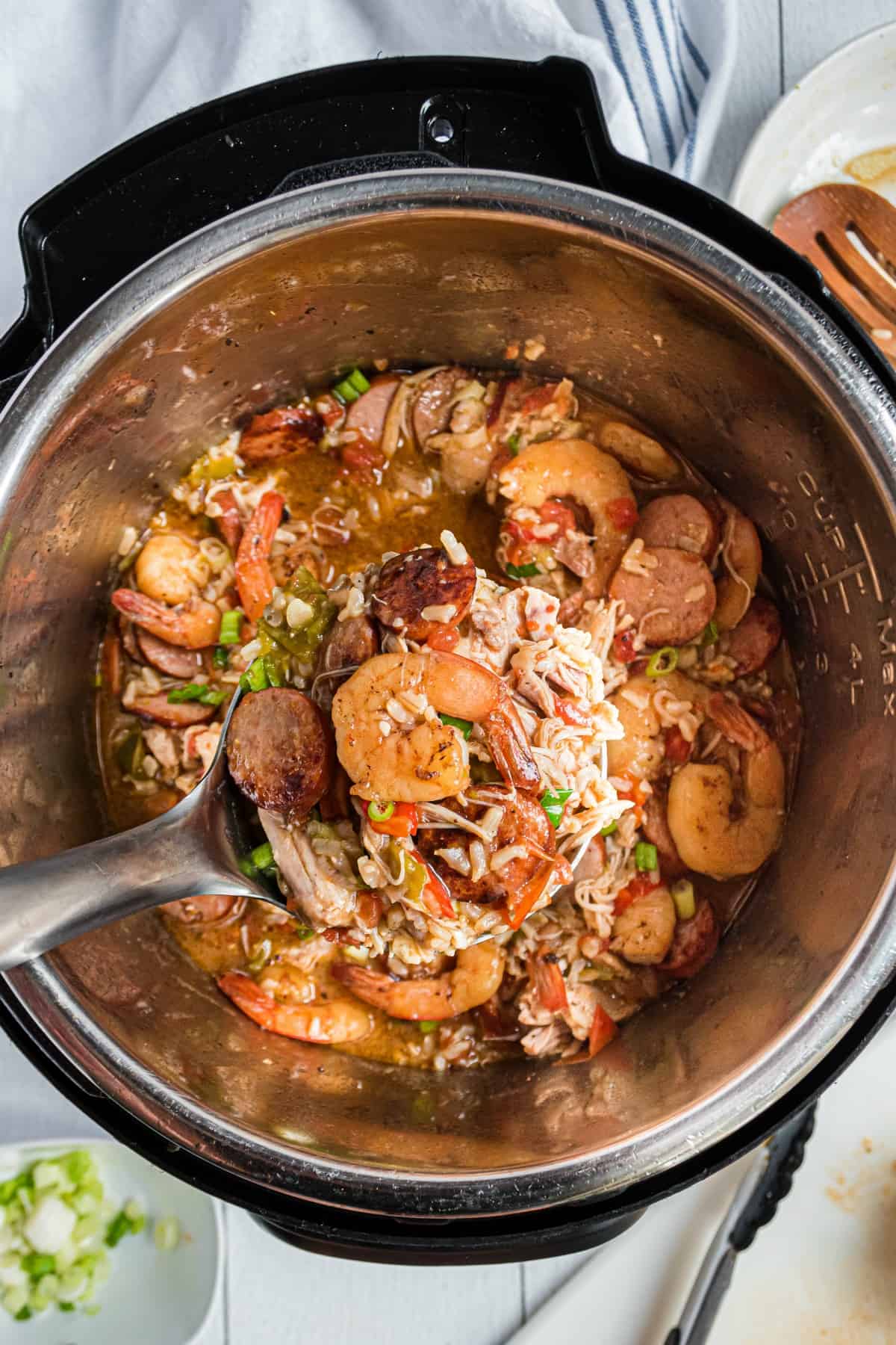 Sausage, shrimp and chicken Jambalaya made in the Instant Pot.