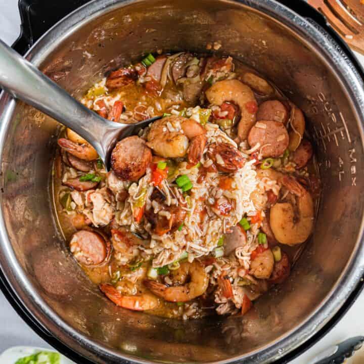 Instant Pot with jambalaya cooked and ready to serve.
