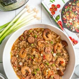 Bowl of jambalaya made in the Instant Pot with the Well Plated cookbook.