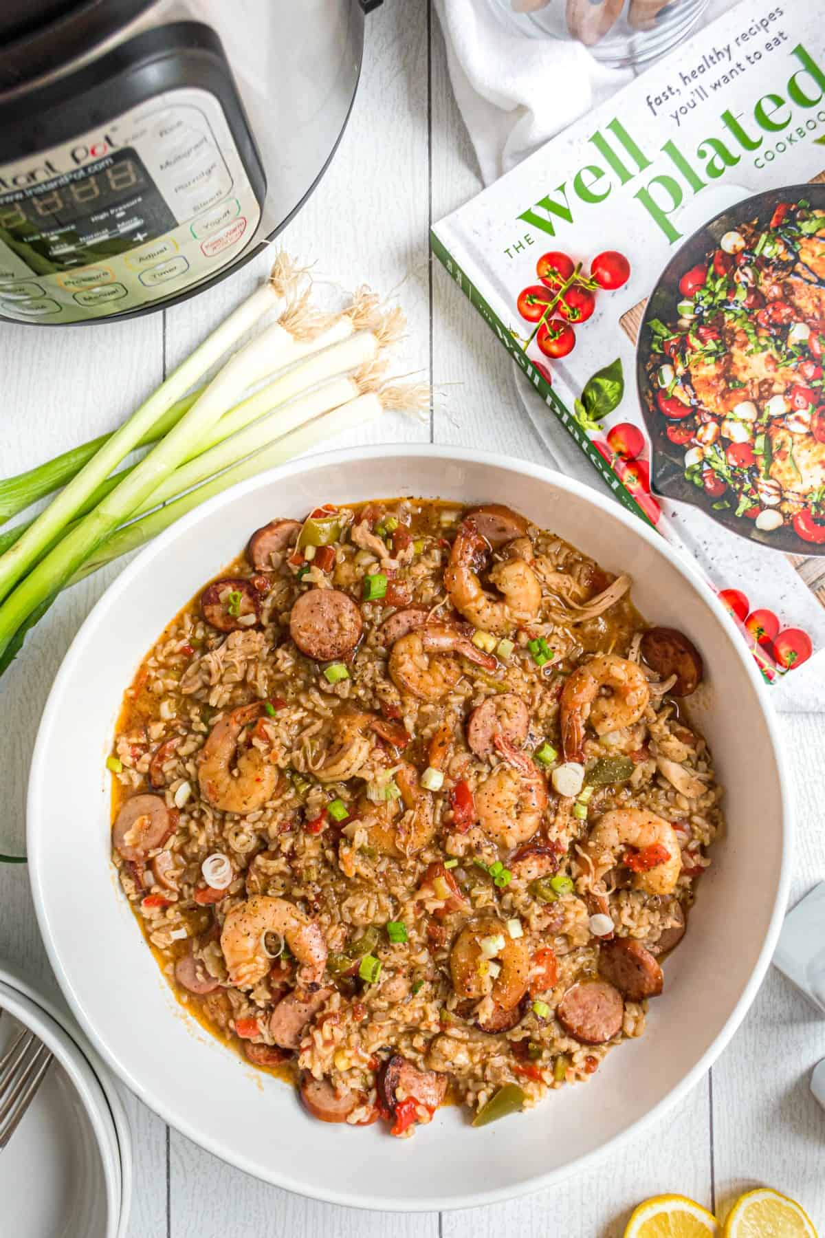 Bowl of jambalaya made in the Instant Pot with the Well Plated cookbook.