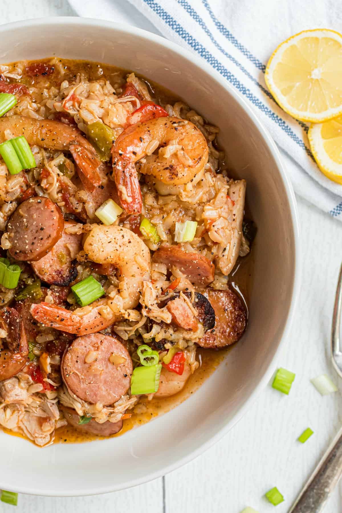 Serving bowl of Jambalaya with shrimp, sausage, and chicken.