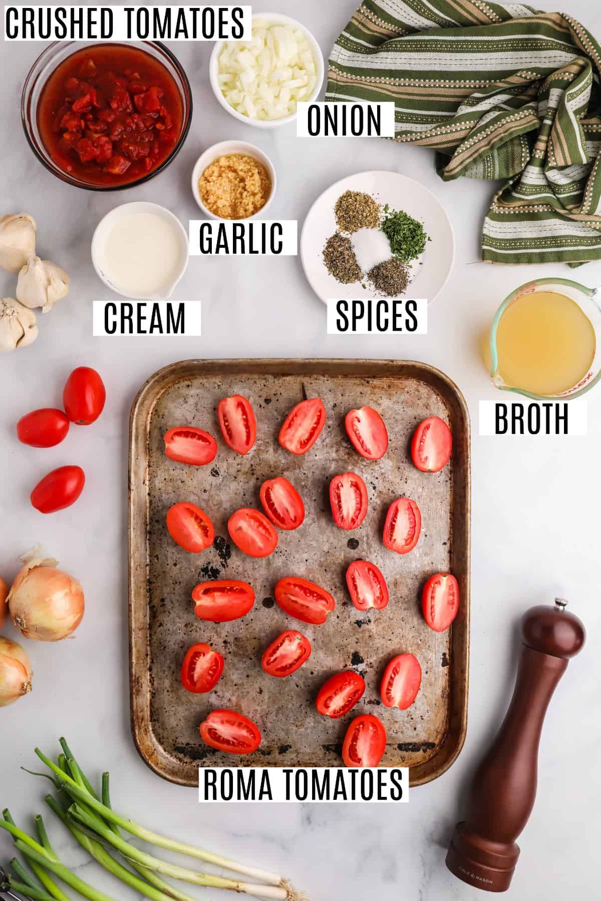 Ingredients needed to make roasted tomato soup, including fresh tomatoes, basil, and garlic.