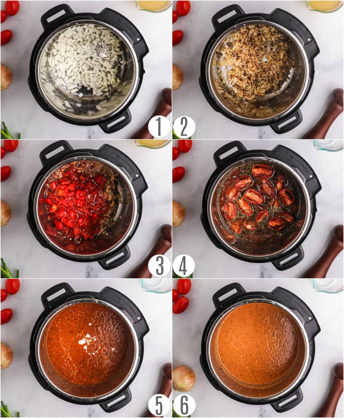 Step by step instructions showing how to make roasted tomato soup in the pressure cooker.