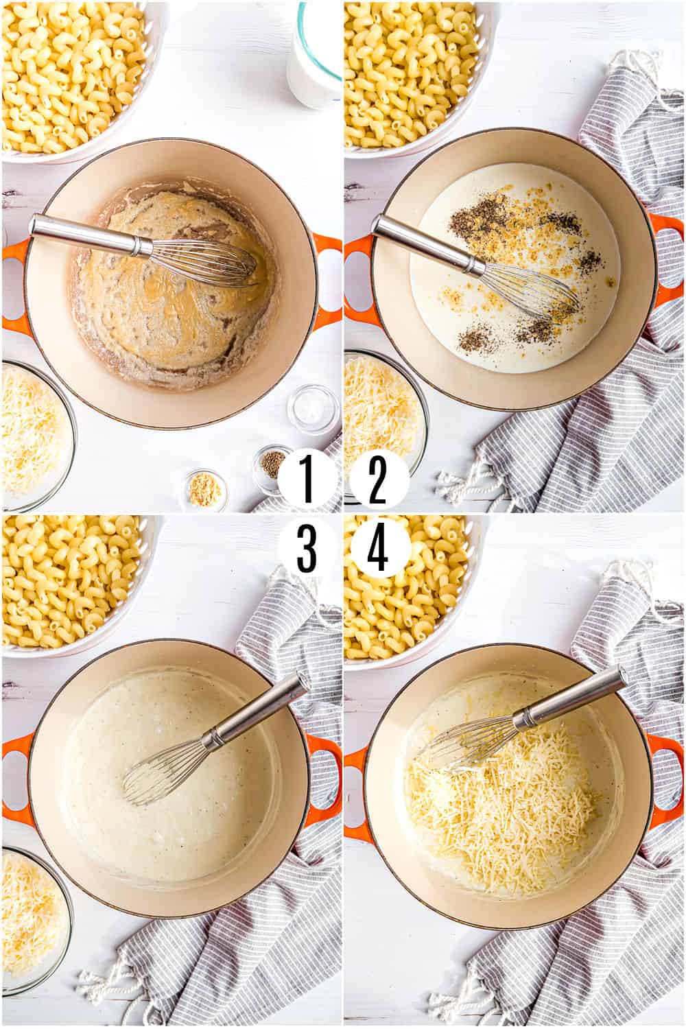 Step by step photos showing how to make panera mac and cheese.