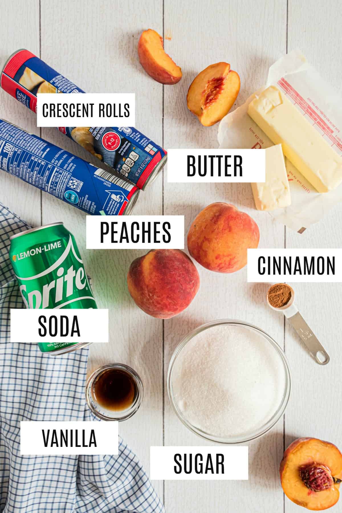 Ingredients needed for peach dumplings included fresh peaches, crescent rolls, and Sprite.