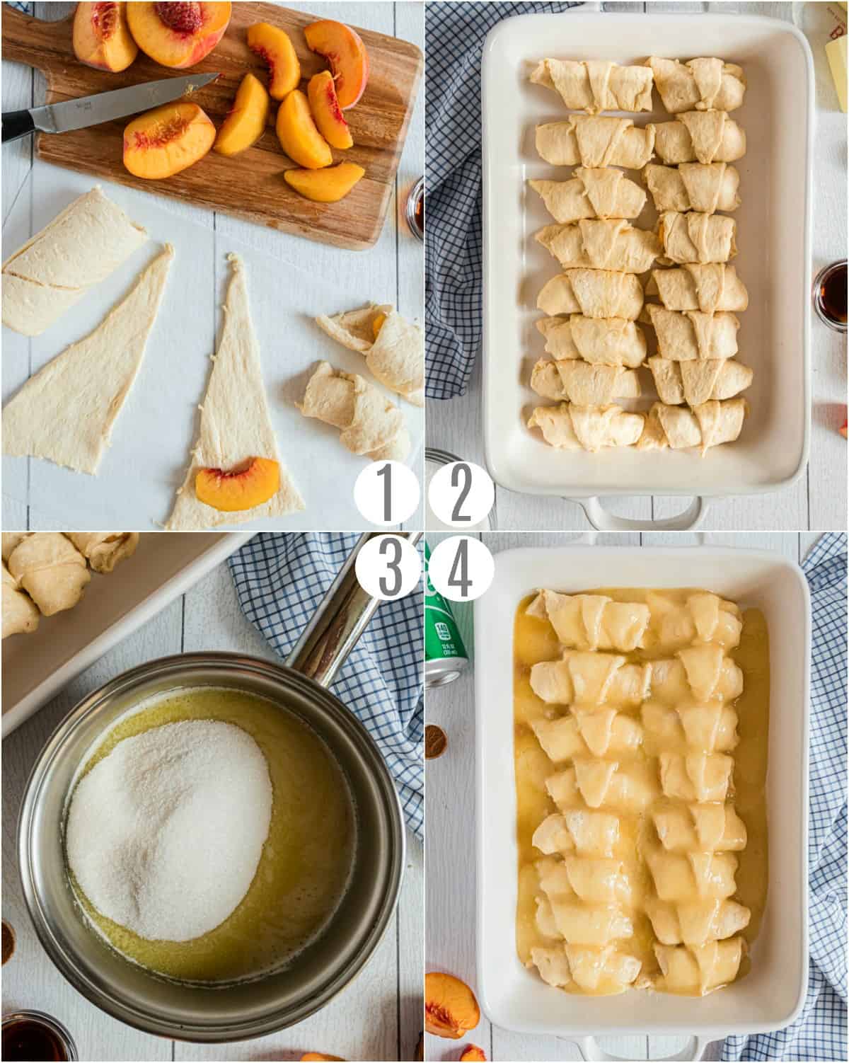 Step by step photos showing how to make peach dumplings.