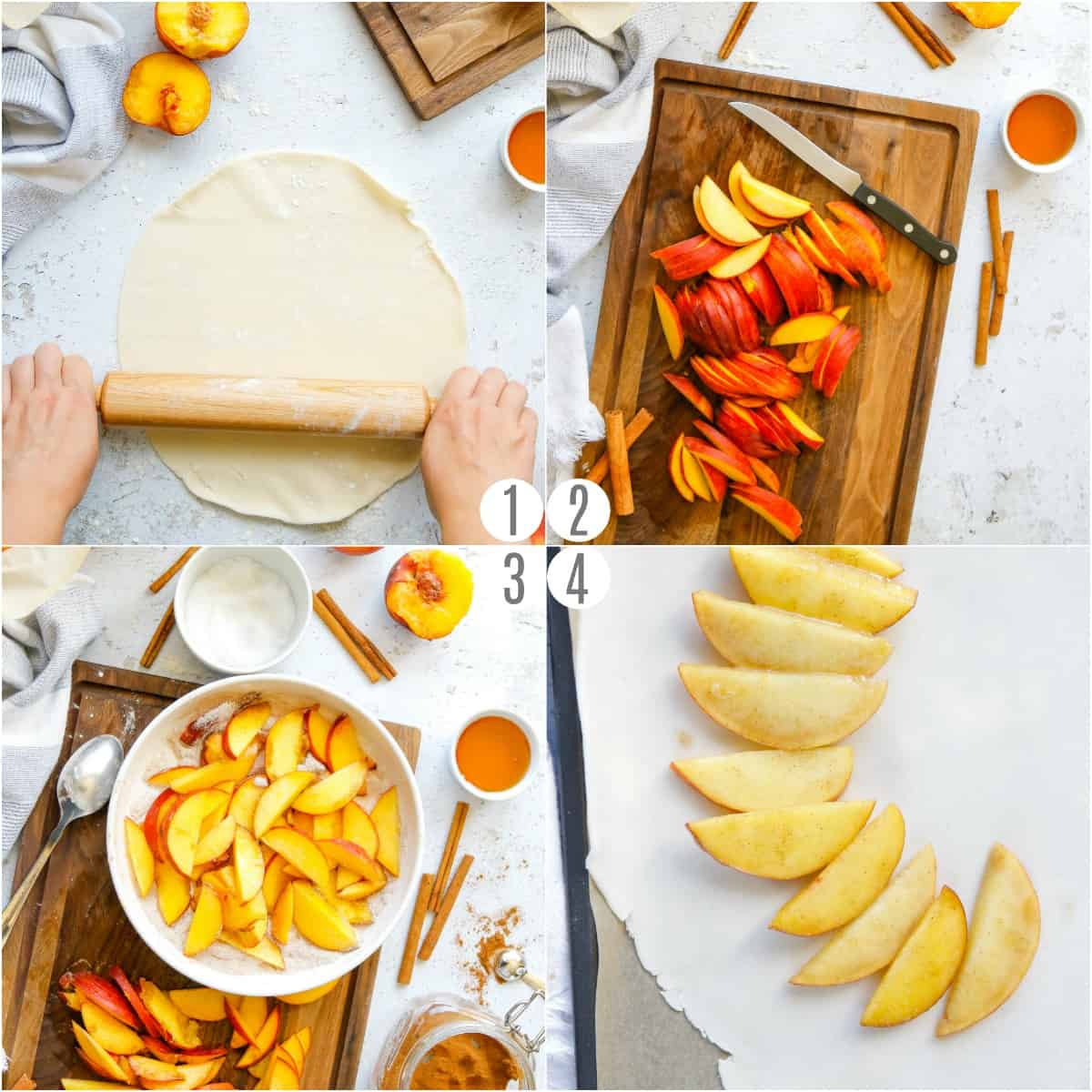 Step by step photos showing how to prepare a peach galette recipe.