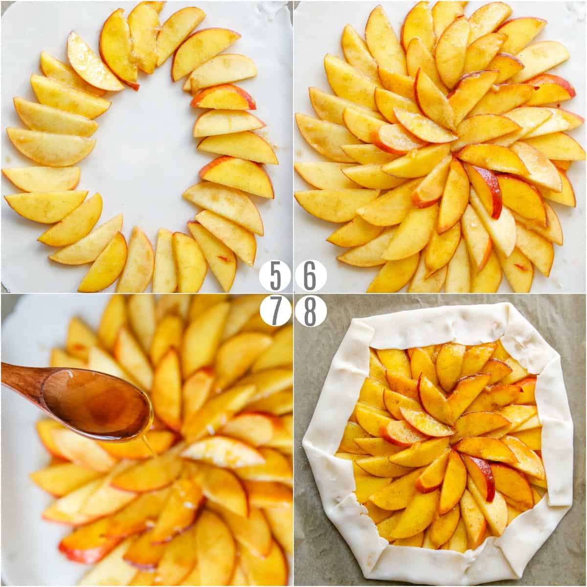 Step by step photos showing to to arrange peaches on a galette crust.