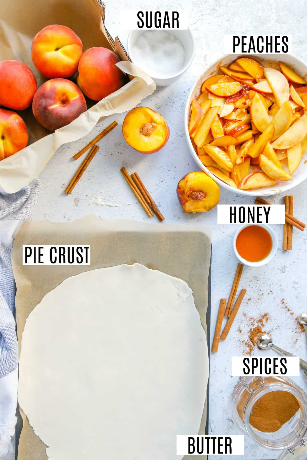 Overhead shot of ingredients needed for peach galette.