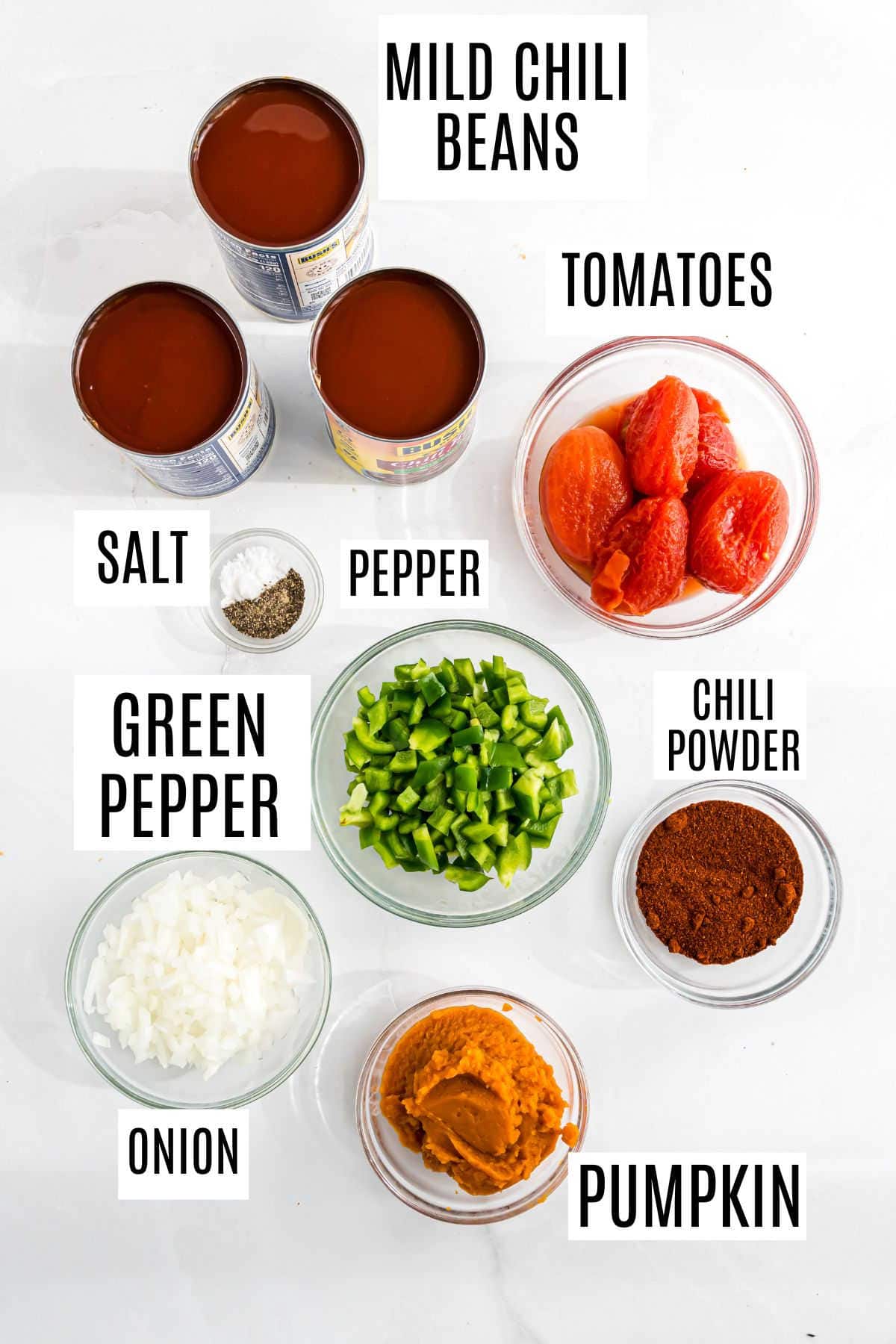 Ingredients for pumpkin chili arranged in bowls: mild chili beans, tomatoes, green pepper, onion, pumpkin, spices, salt, and pepper.