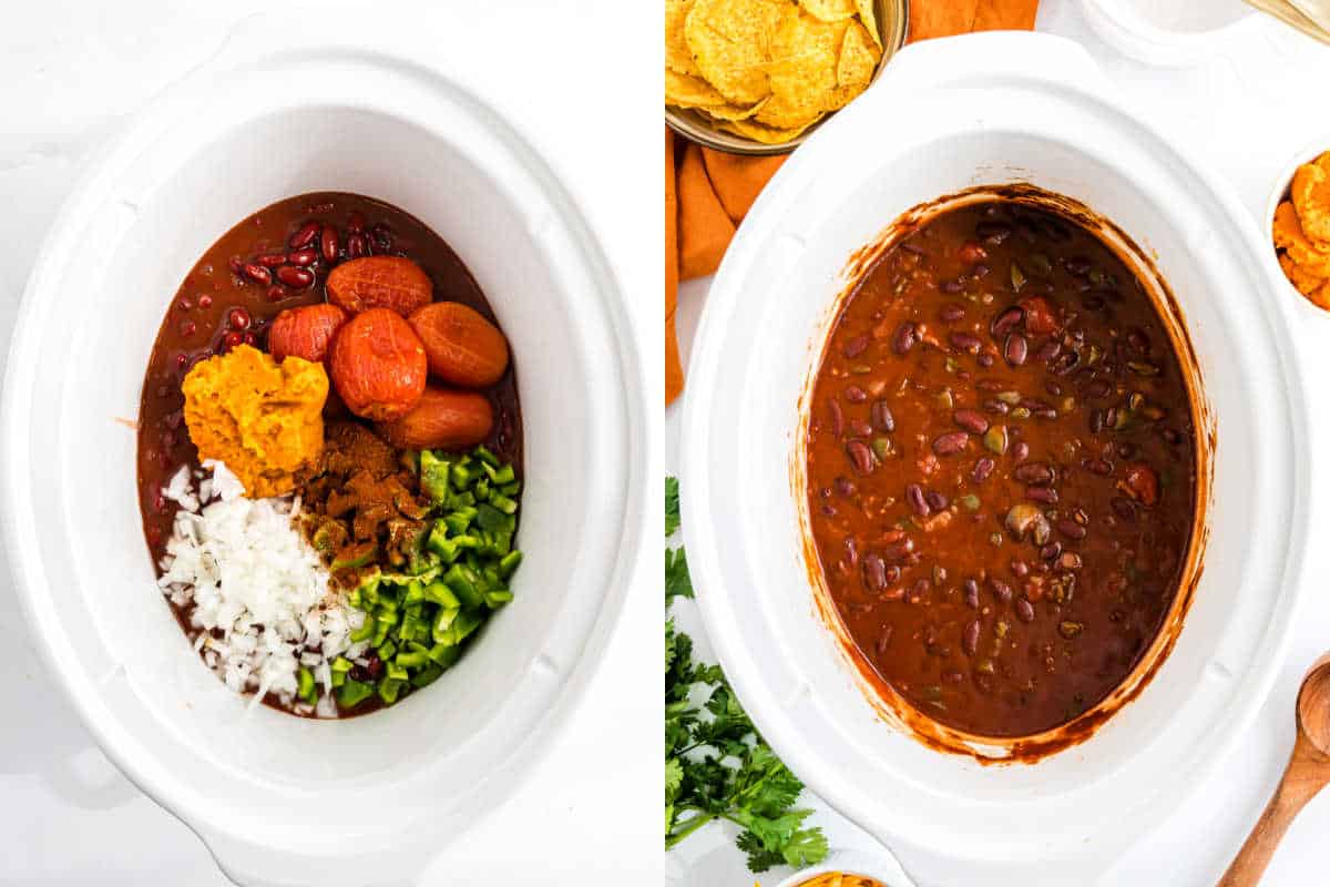 Two images of pumpkin chili: Left shows ingredients in a slow cooker; right displays the cooked pumpkin chili, ready to serve.