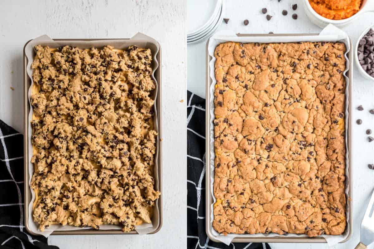 Step by step photos showing how to make cookie dough for cheesecake bars.