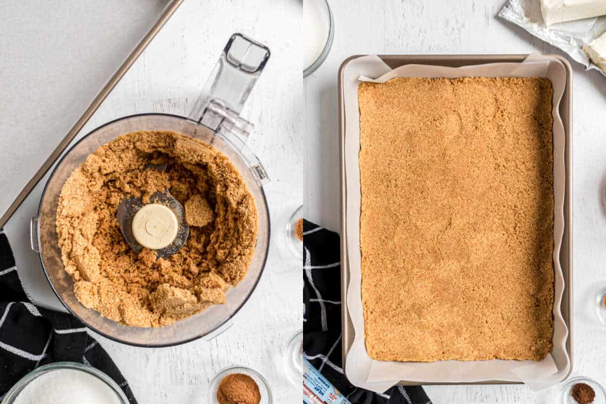 Step by step photos showing how to make pumpkin cheesecake bar crust.