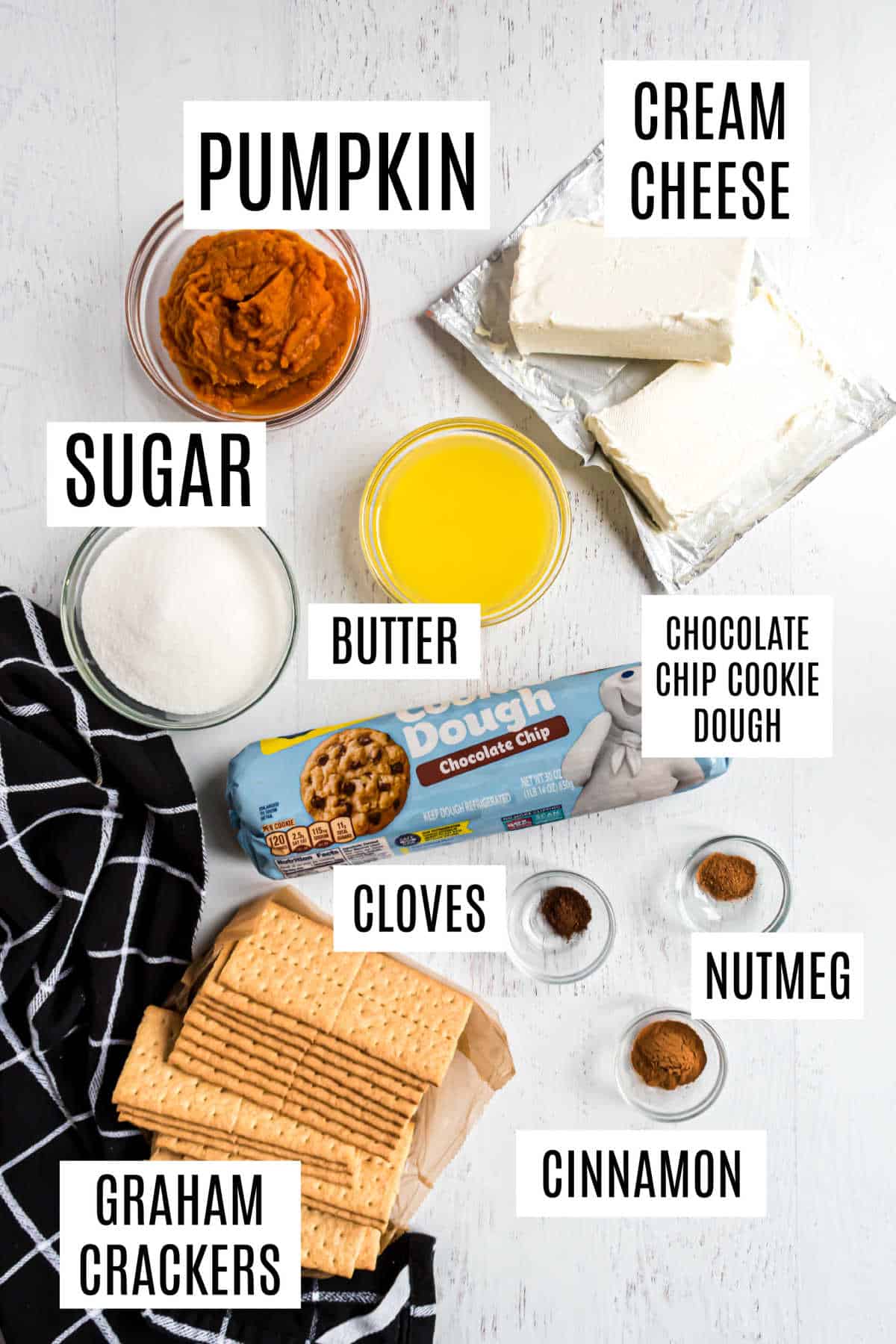 Ingredients needed to make pumpkin chocolate chip cheesecake bars.