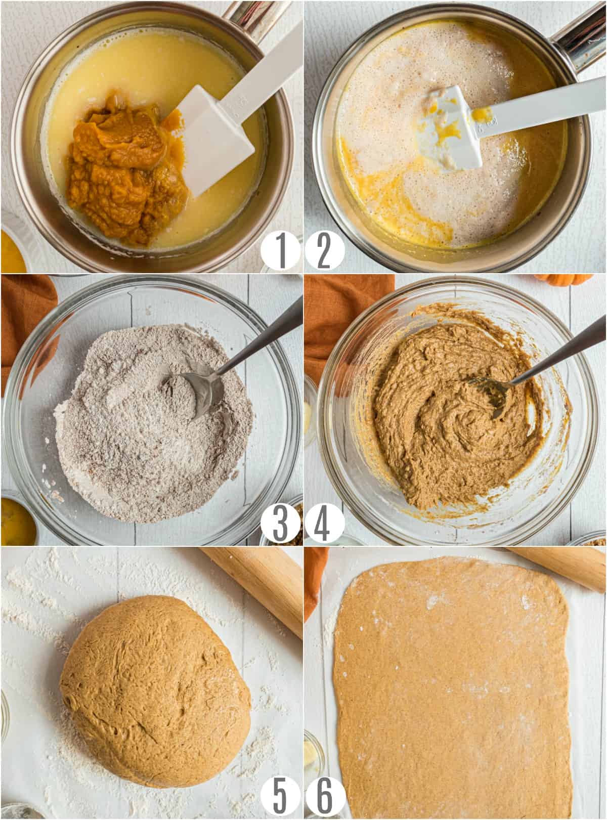 Step by step photos showing how to make pumpkin cinnamon roll dough.