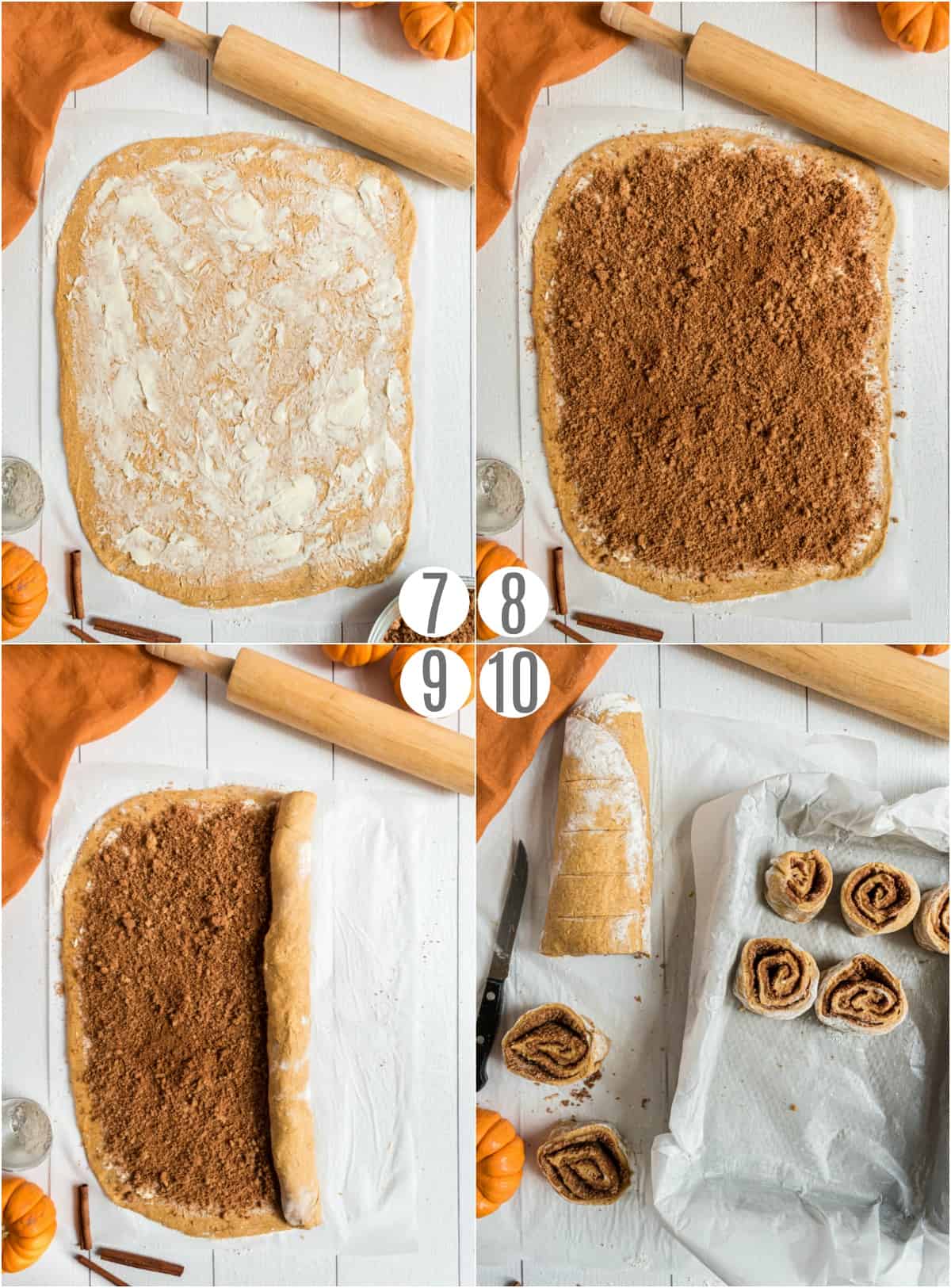 Step by step photos showing how to add filling to pumpkin cinnamon rolls and roll the dough.