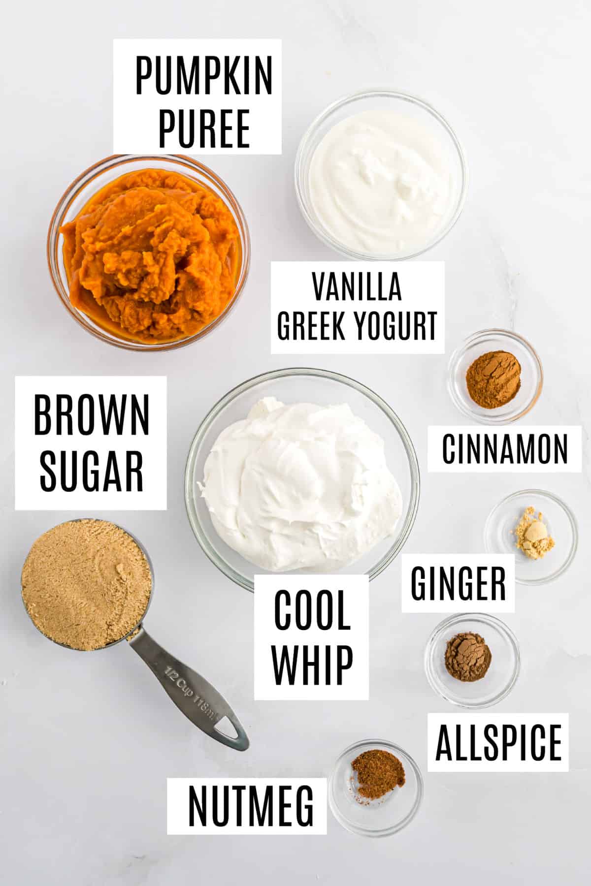 Ingredients needed to make pumpkin pie dip.