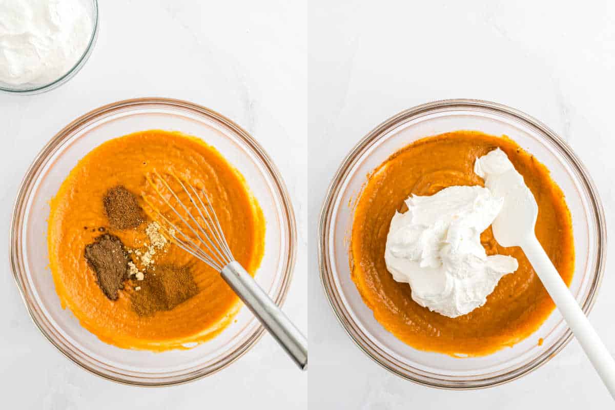 Step by step photos showing how to make pumpkin pie dip.