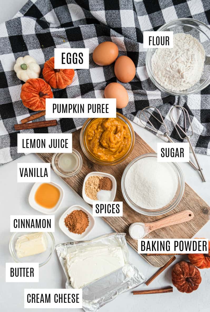 Ingredients needed to make a pumpkin roll with cream cheese filling.