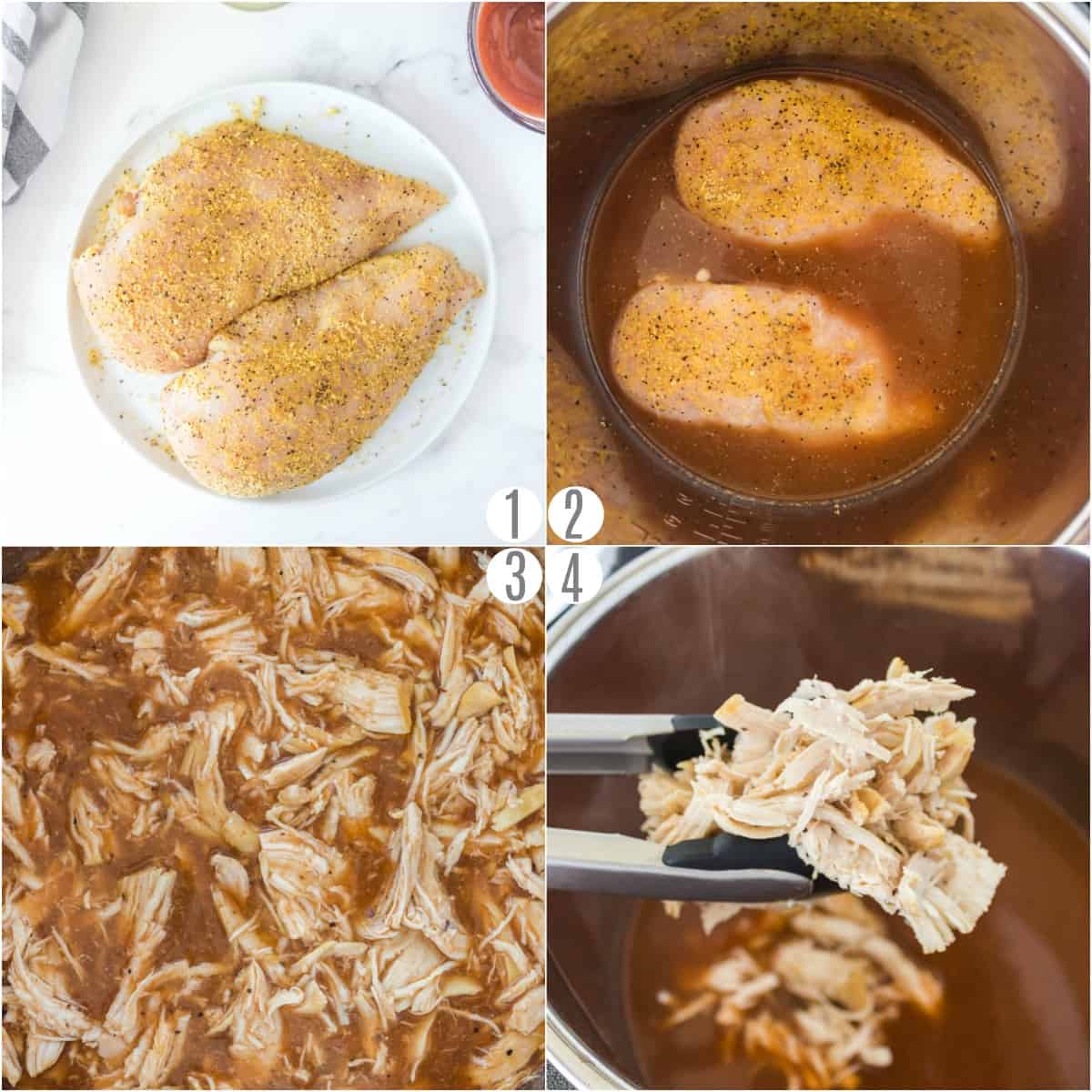 Step by step photos showing how to make shredded chicken in the pressure cooker.