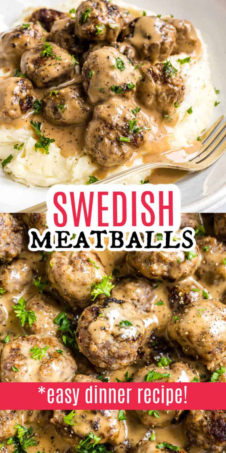Swedish meatballs in gravy served over mashed potatoes with the text *easy dinner recipe!.