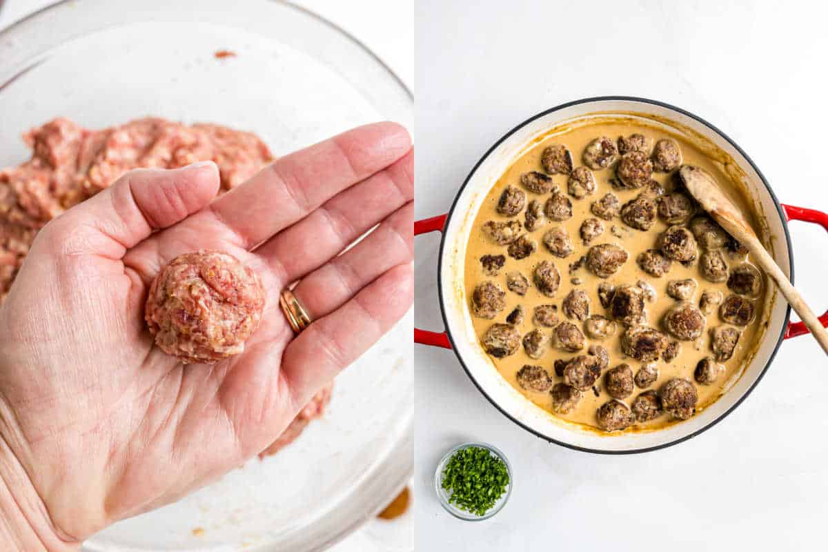 A hand rolling a Swedish meatball next to a pan of meatballs simmering in a creamy sauce.