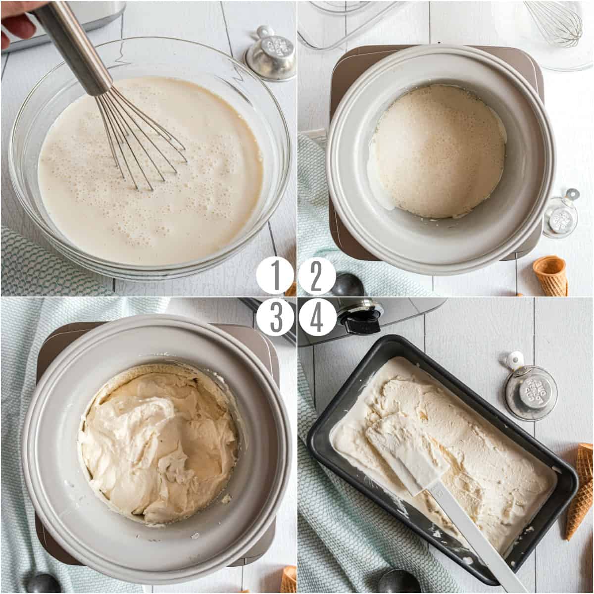 Step by step photos showing how to make homemade ice cream.