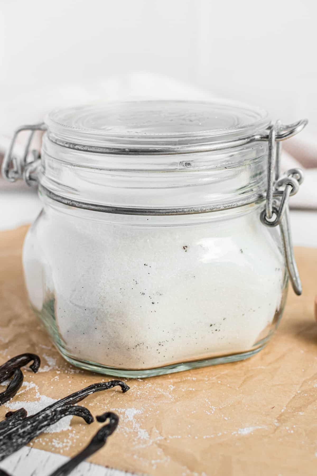 Mason jar filled with homemade vanilla sugar.