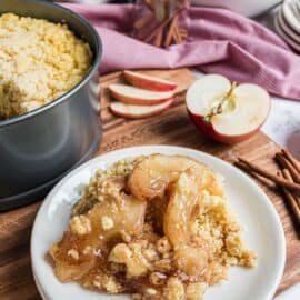 Apple cobbler on white dessert plate with instant pot in background.