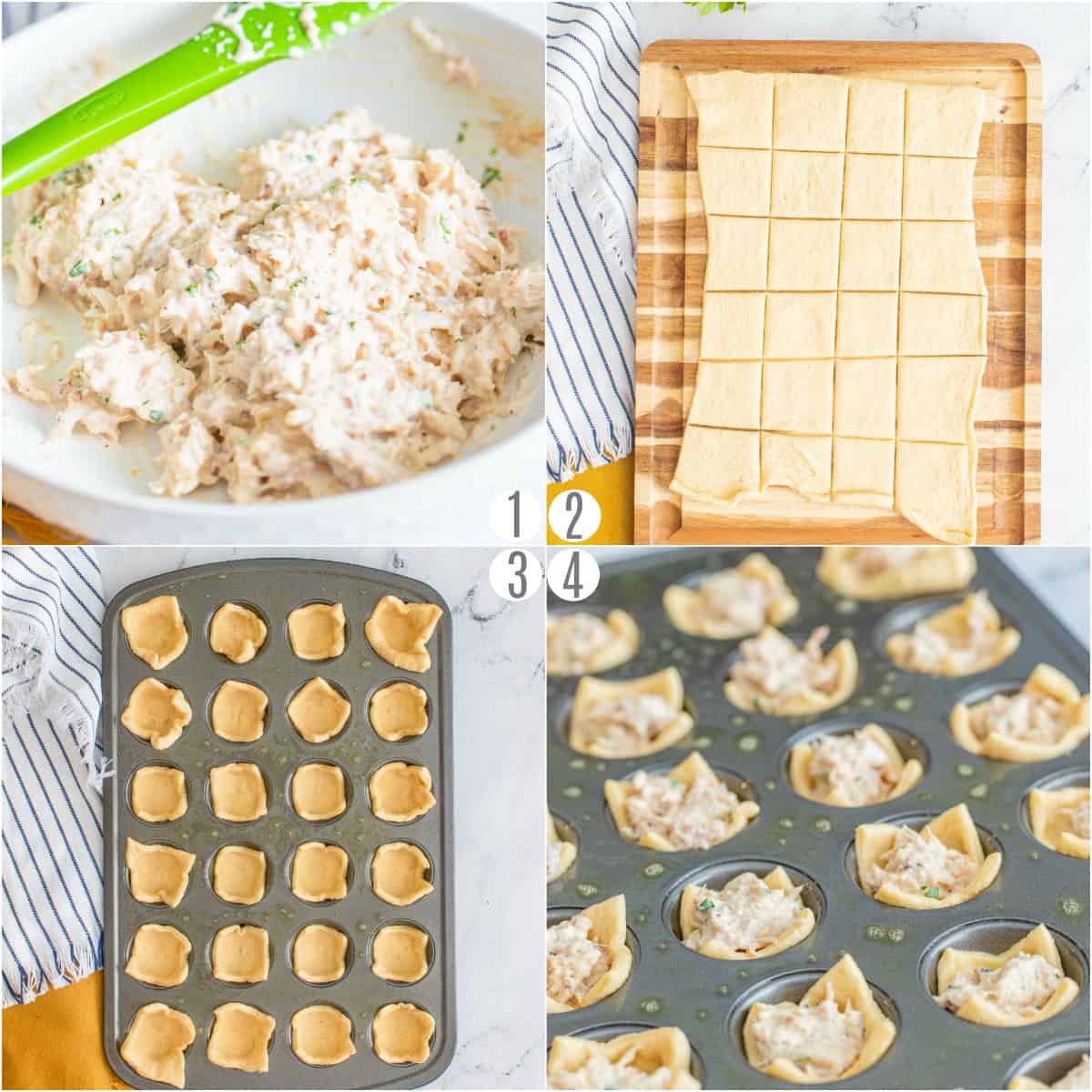 Step by step photos showing how to make crab puffs.