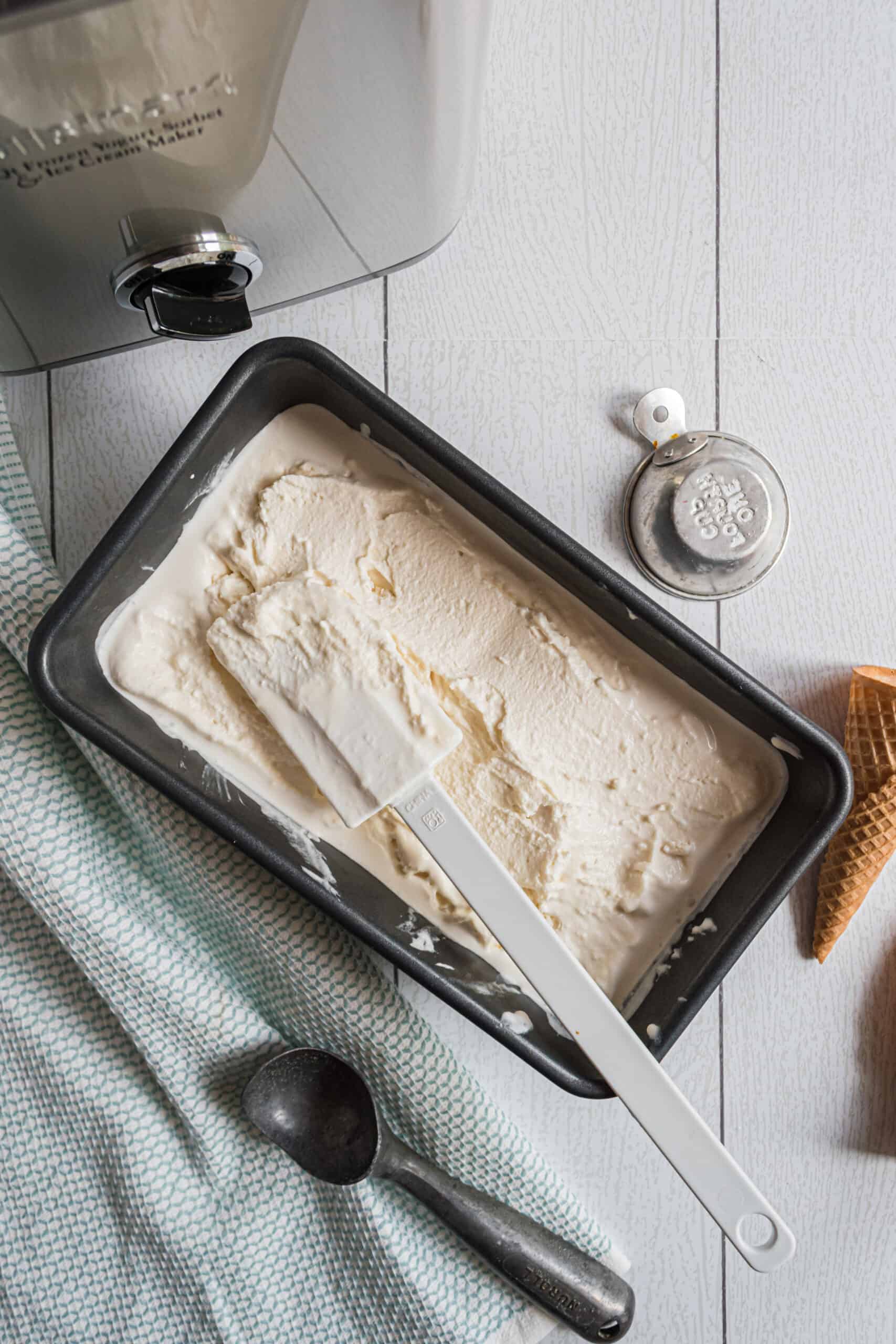 Homemade vanilla ice cream in a loaf pan.