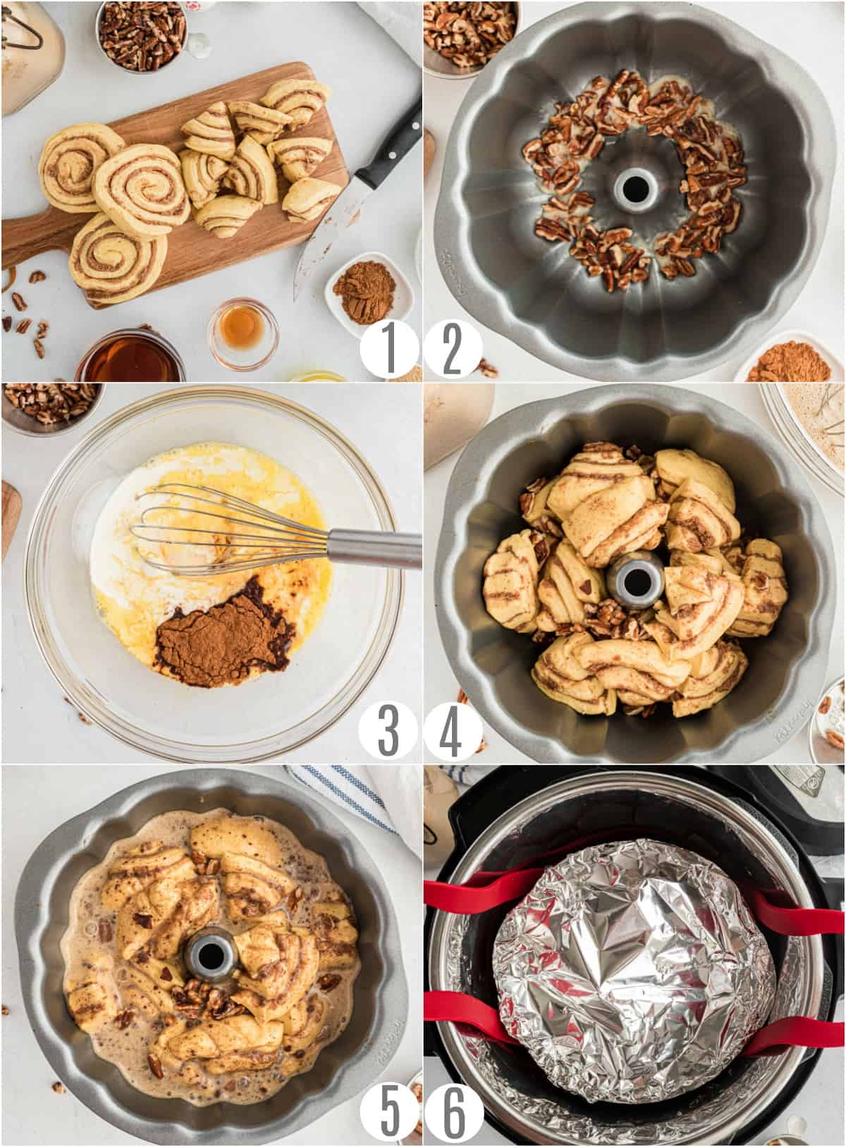 Step by step photos showing how to make cinnamon roll bread in the pressure cooker.