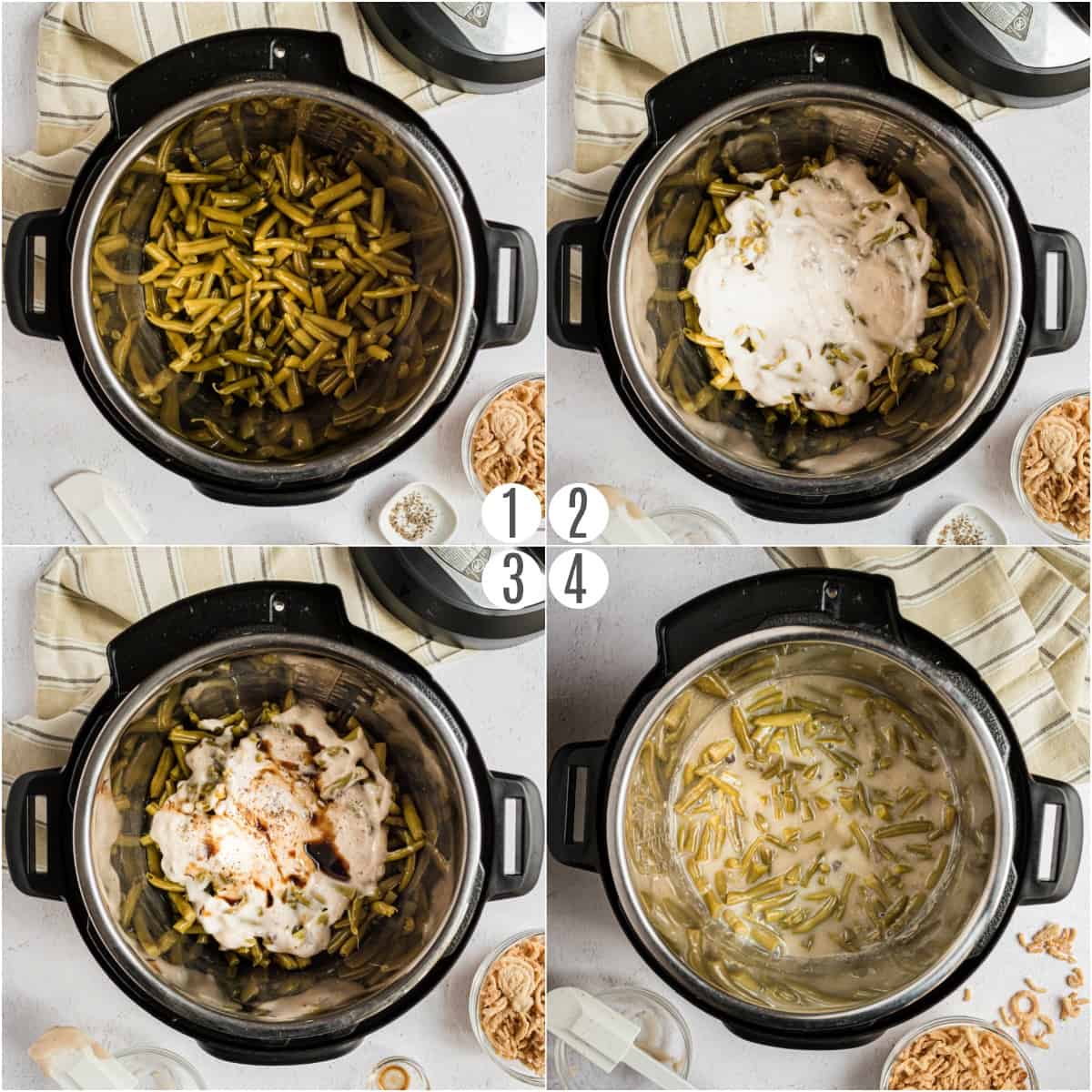 Step by step photos showing how to make green bean casserole in the Instant Pot.