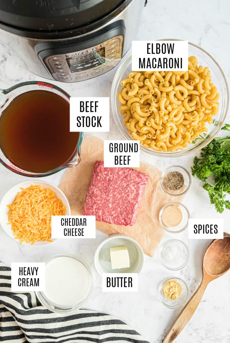 Ingredients needed for hamburger helper in the pressure cooker.